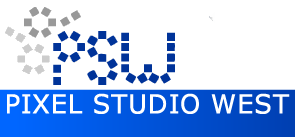 Pixel Studio West logo — a scatter of pixels resolving into the letters P, S and W
